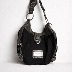 Y2K Guess Hobo Bag Logo Jacquard Black Leather Trim Shoulder